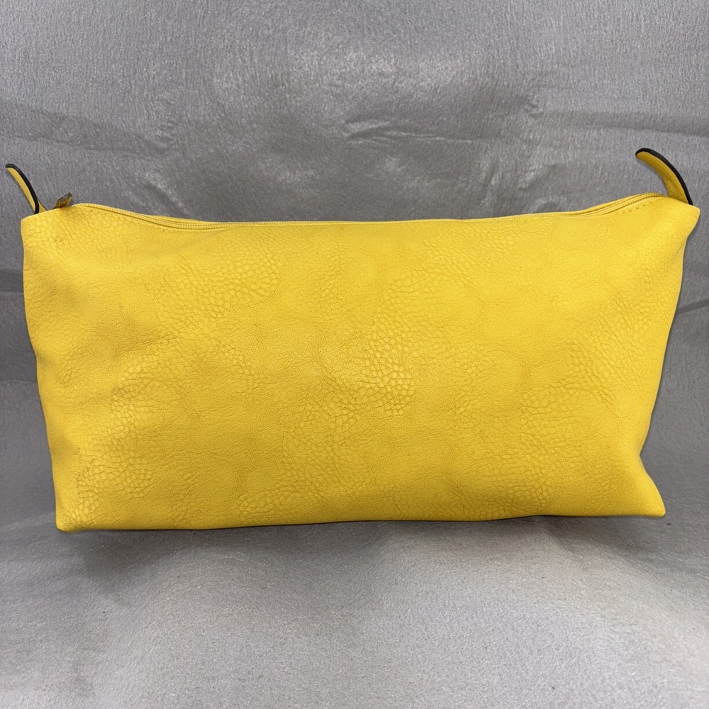 Melie Bianco Large Yellow Faux Leather Zipper Pouch Bag Polka Dot‎ Lining 17 x 8